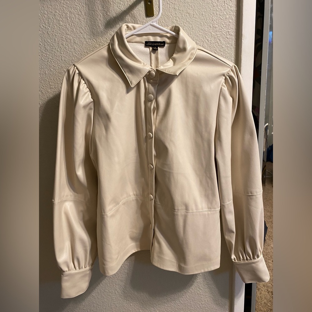 Cream Faux Leather Button Up Jacket
